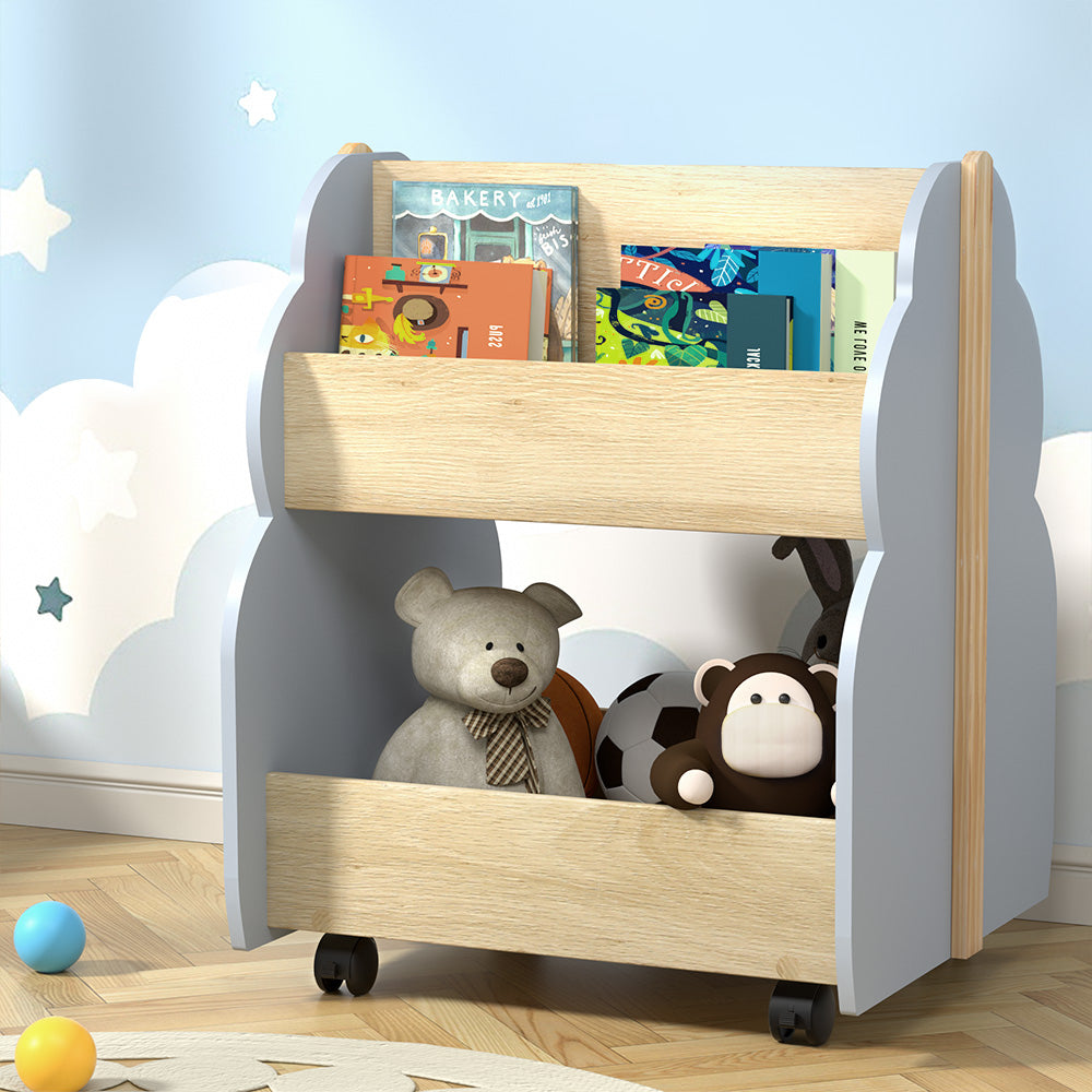 Kids Bookshelf Storage Rack Double-Sided Bookcase with Wheels Grey Pine