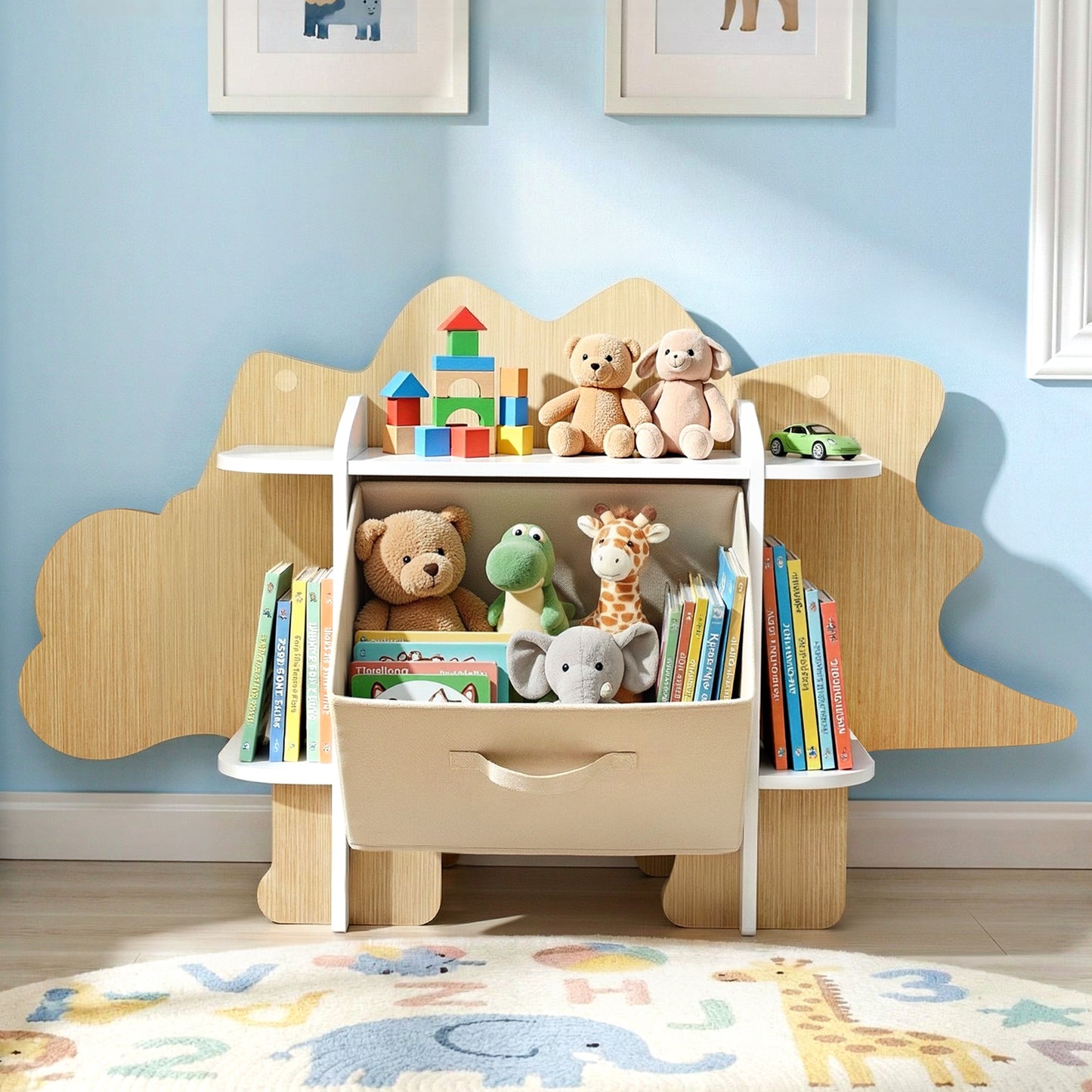 Dinosaur Kids Bookshelf 2 Tier Toy Storage Bookcase with Drawer