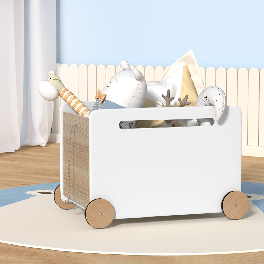 Rolling Wooden Toy Storage Box for Kids | Montessori Playroom Storage