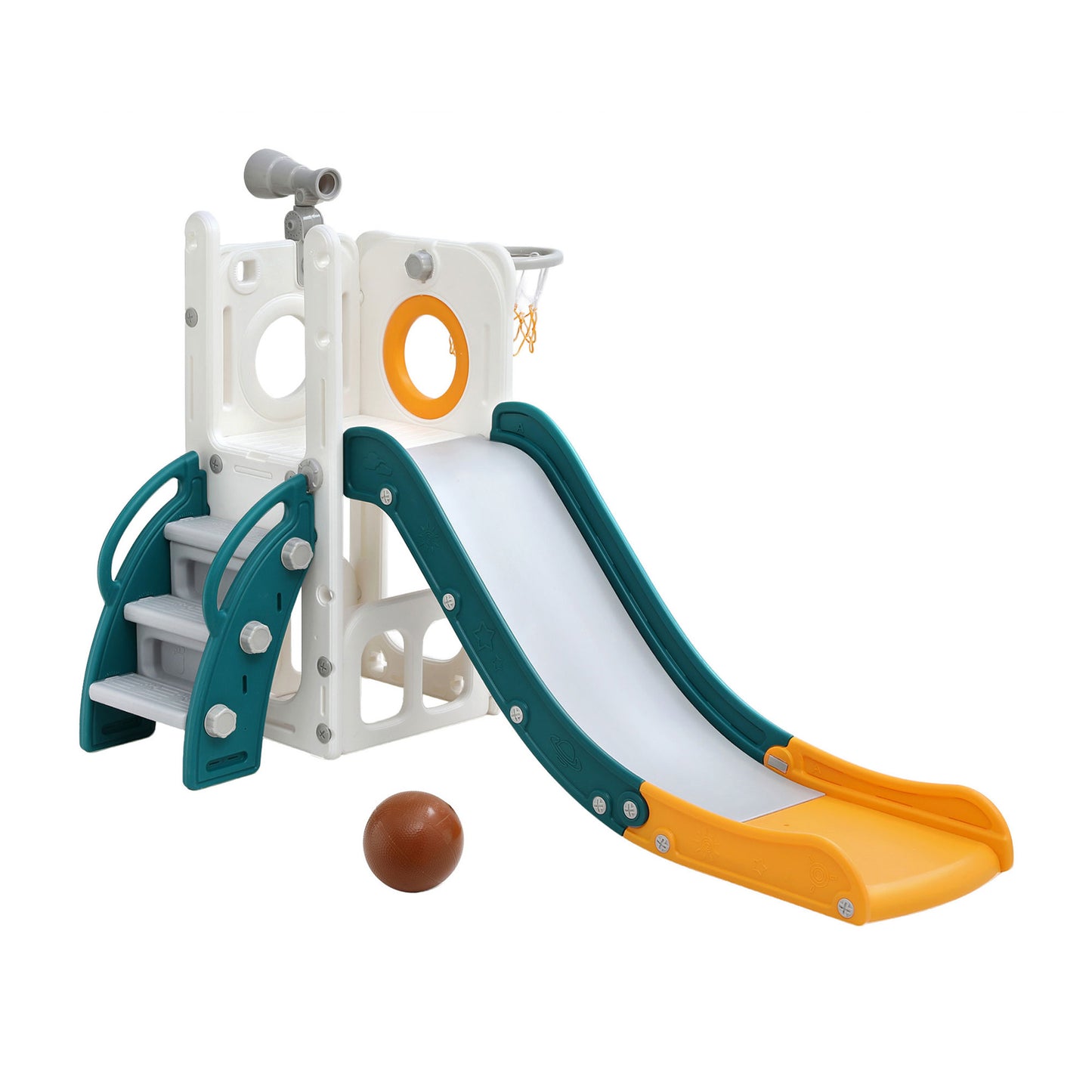 Kids Slide Set with Basketball Hoop Climber Telescope Storage Play Centre