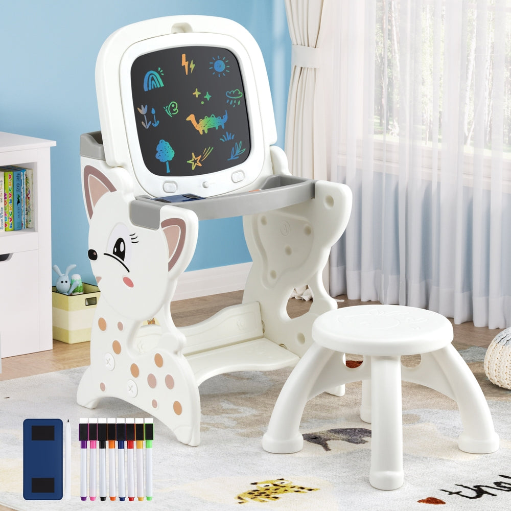 2-in-1 Kids Easel Desk & Stool Set with LCD Writing Tablet