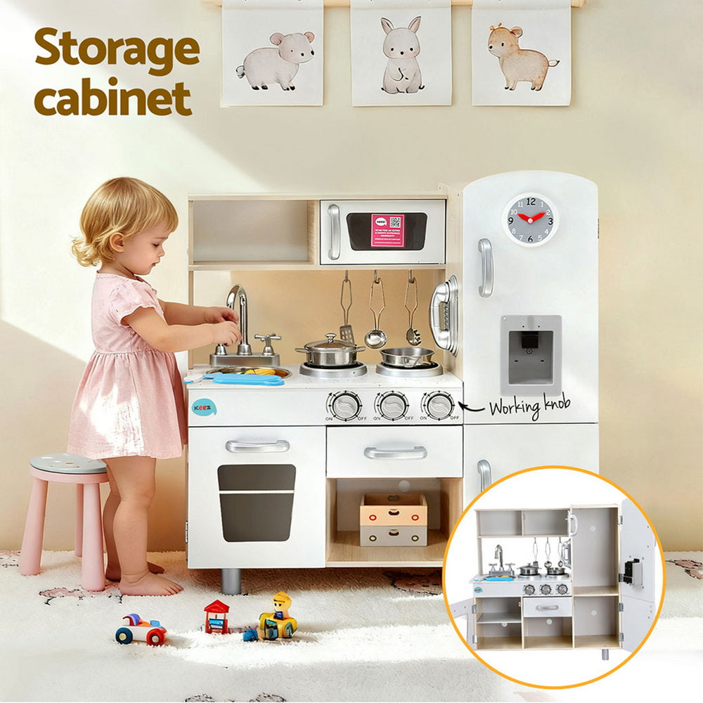 Keezi Kids Wooden Kitchen Play Set Pretend Cooking Toy with Accessories White & Gold