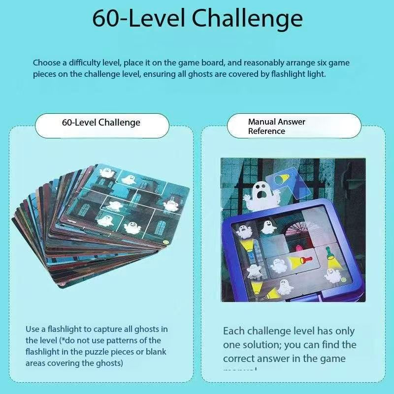 Ghost Catcher Logic Puzzle Game – 60 Challenge Educational Brain Teaser with Flashlight Puzzle Pieces