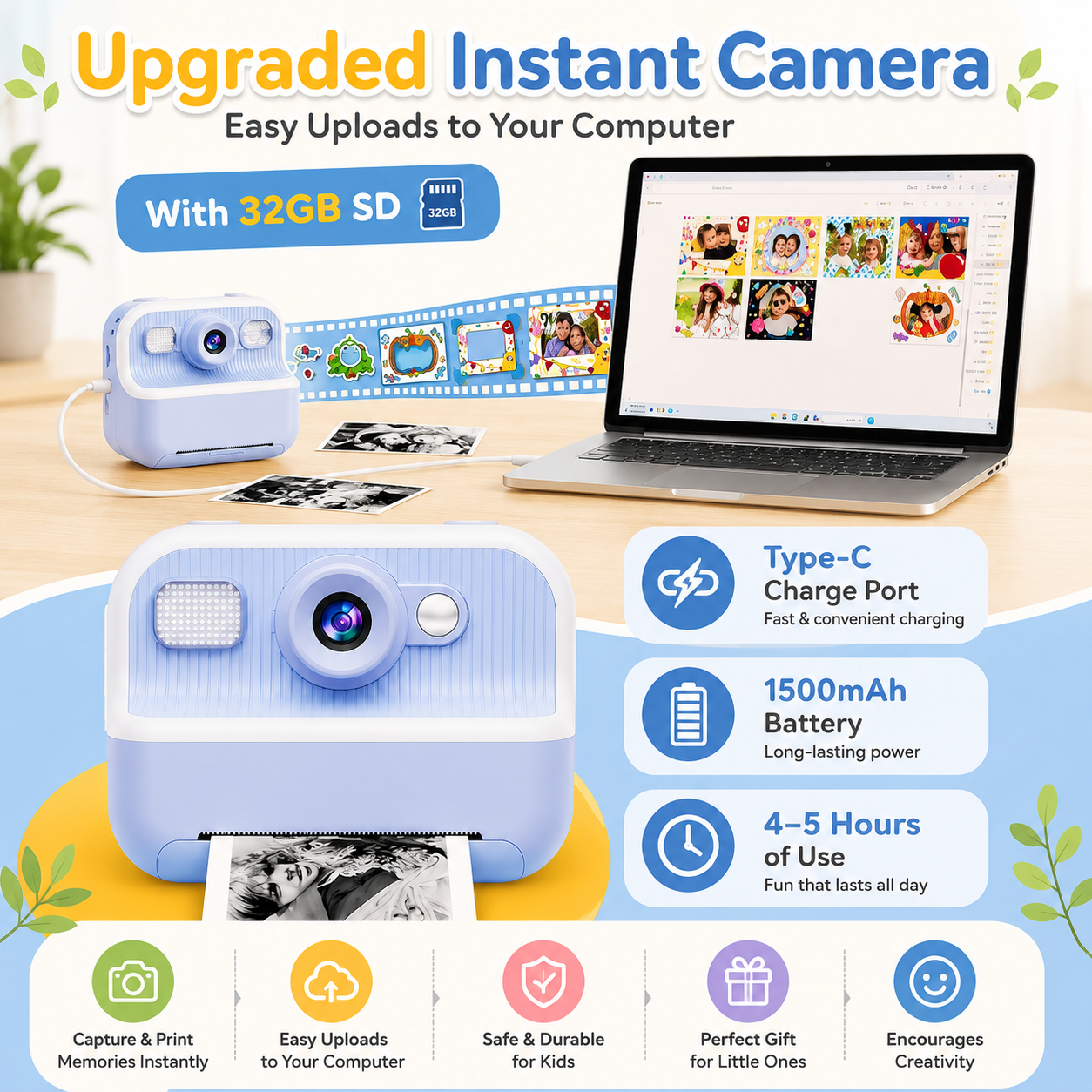 Kids Instant Print Camera 1080P HD Digital Camera with 2.4" Screen & 32GB SD Card