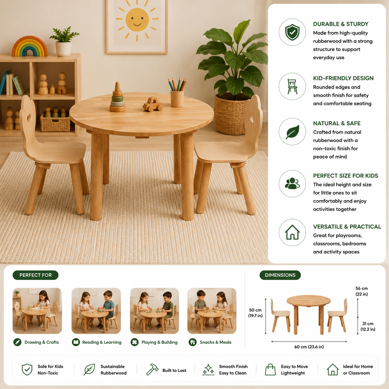 Classic Round Kids Table & 2 Chairs Set | Montessori Wooden Furniture
