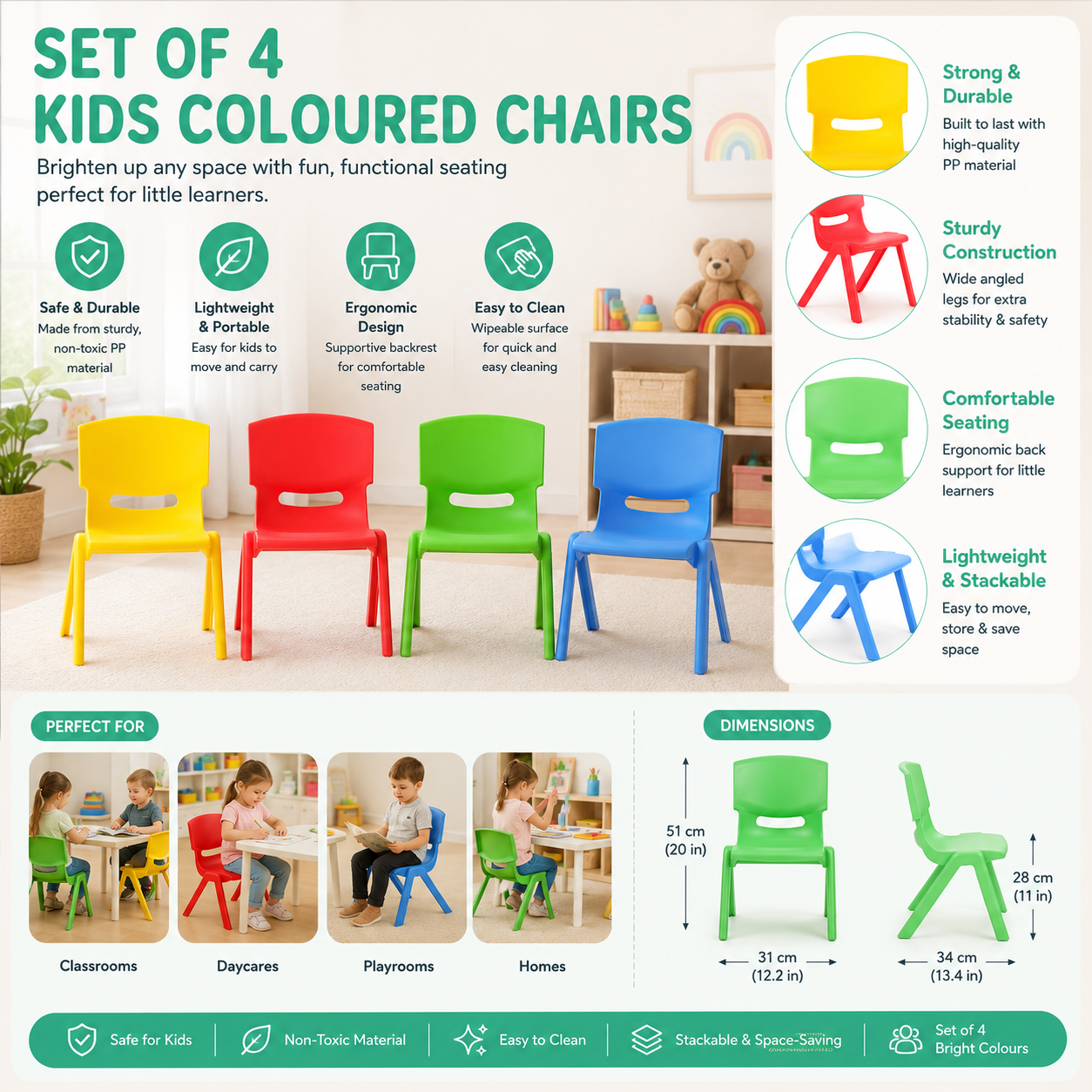 Set of 4 Kids Play Chairs – Colourful Stackable Indoor & Outdoor Children’s Chairs
