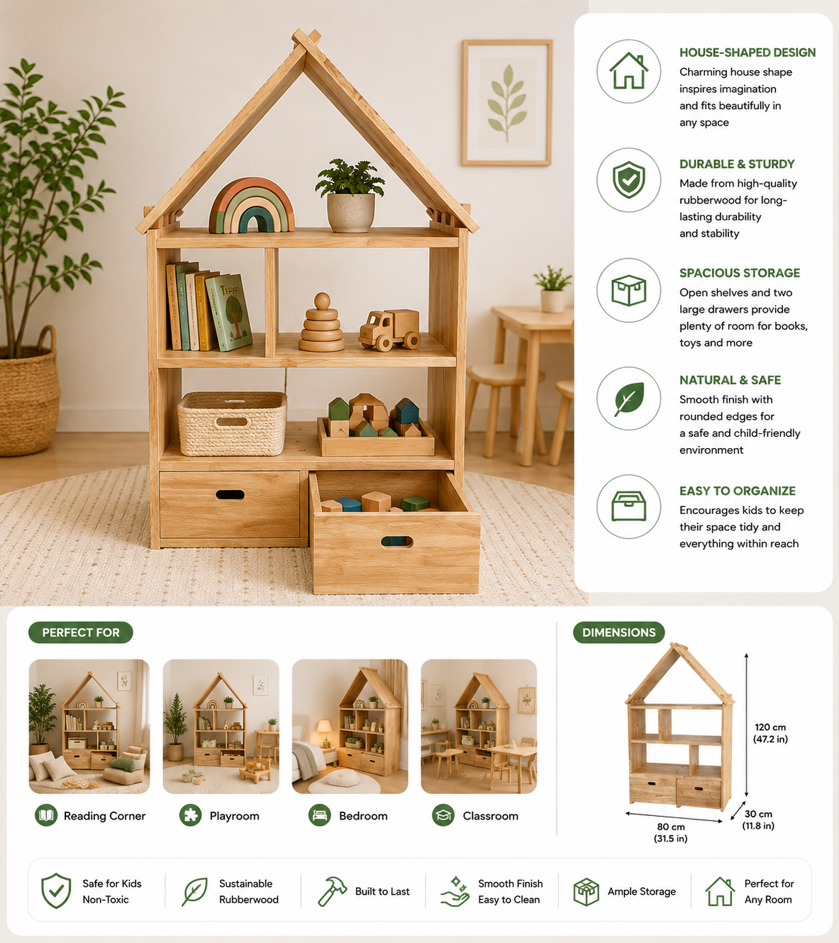Wonder House Kids Bookshelf & Dollhouse Storage Shelf with Drawers