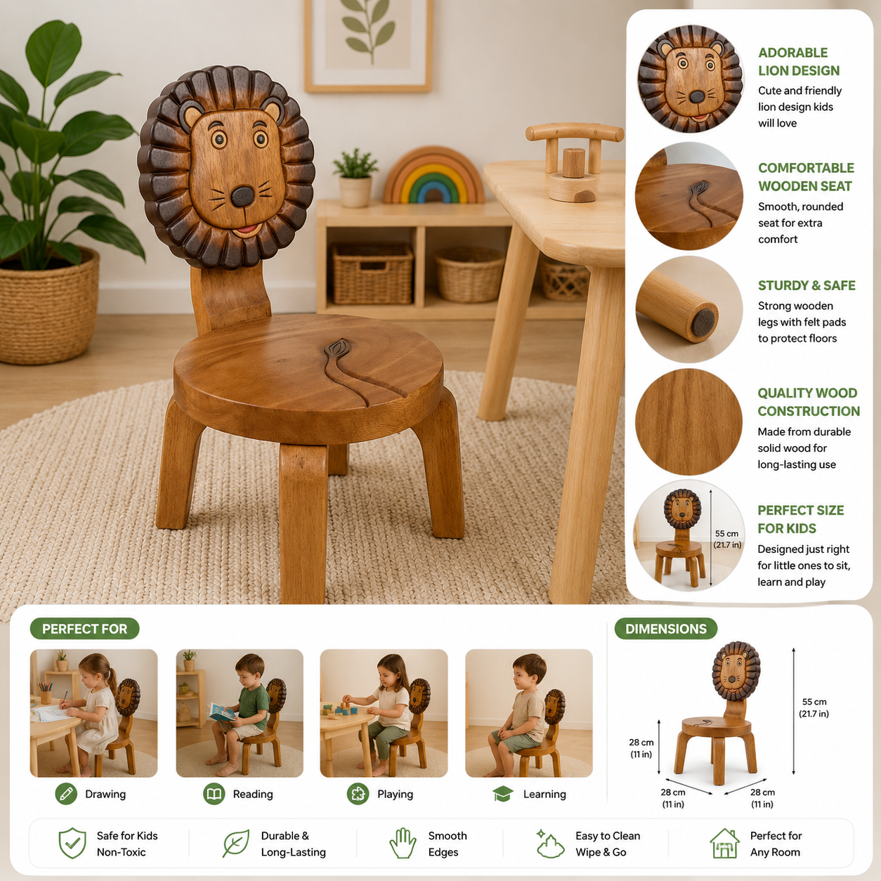 Kids Wooden Lion Chair Hand-Carved Solid Raintree Wood Stool