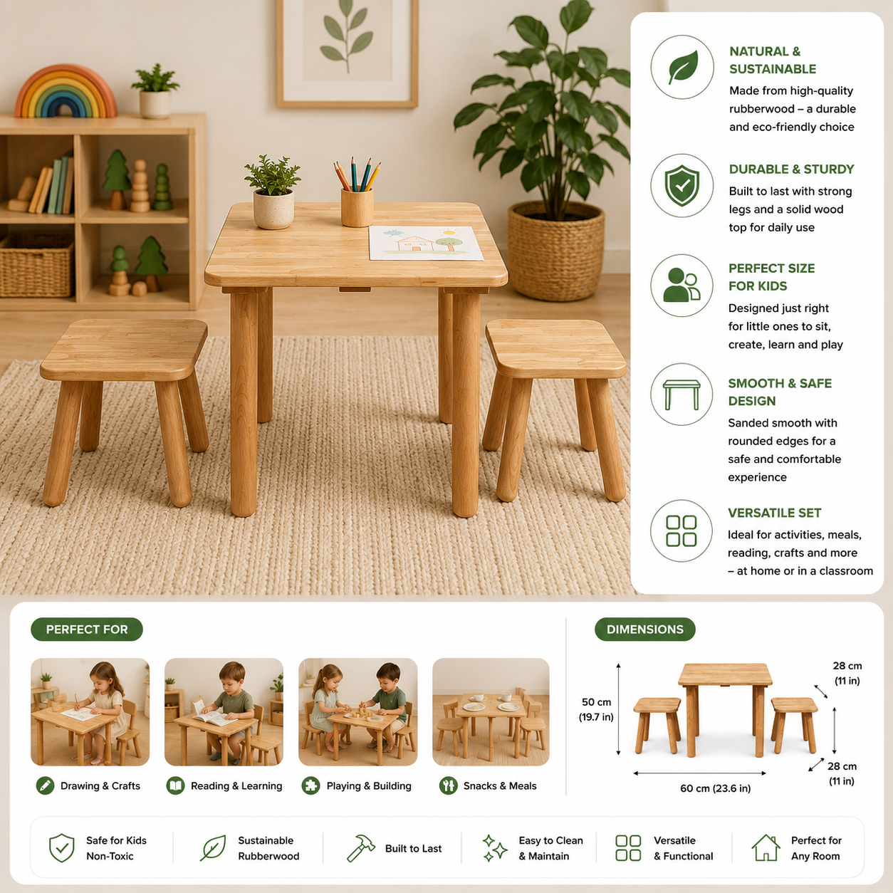 Classic Square Kids Wooden Table & 2 Stool Set for Playroom & Learning
