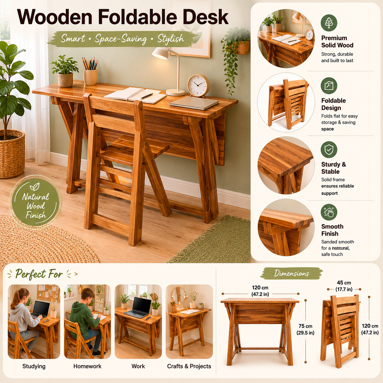 Foldable Teen Desk & Chair Set – Acacia Hardwood Study Table for Kids & Homeschooling