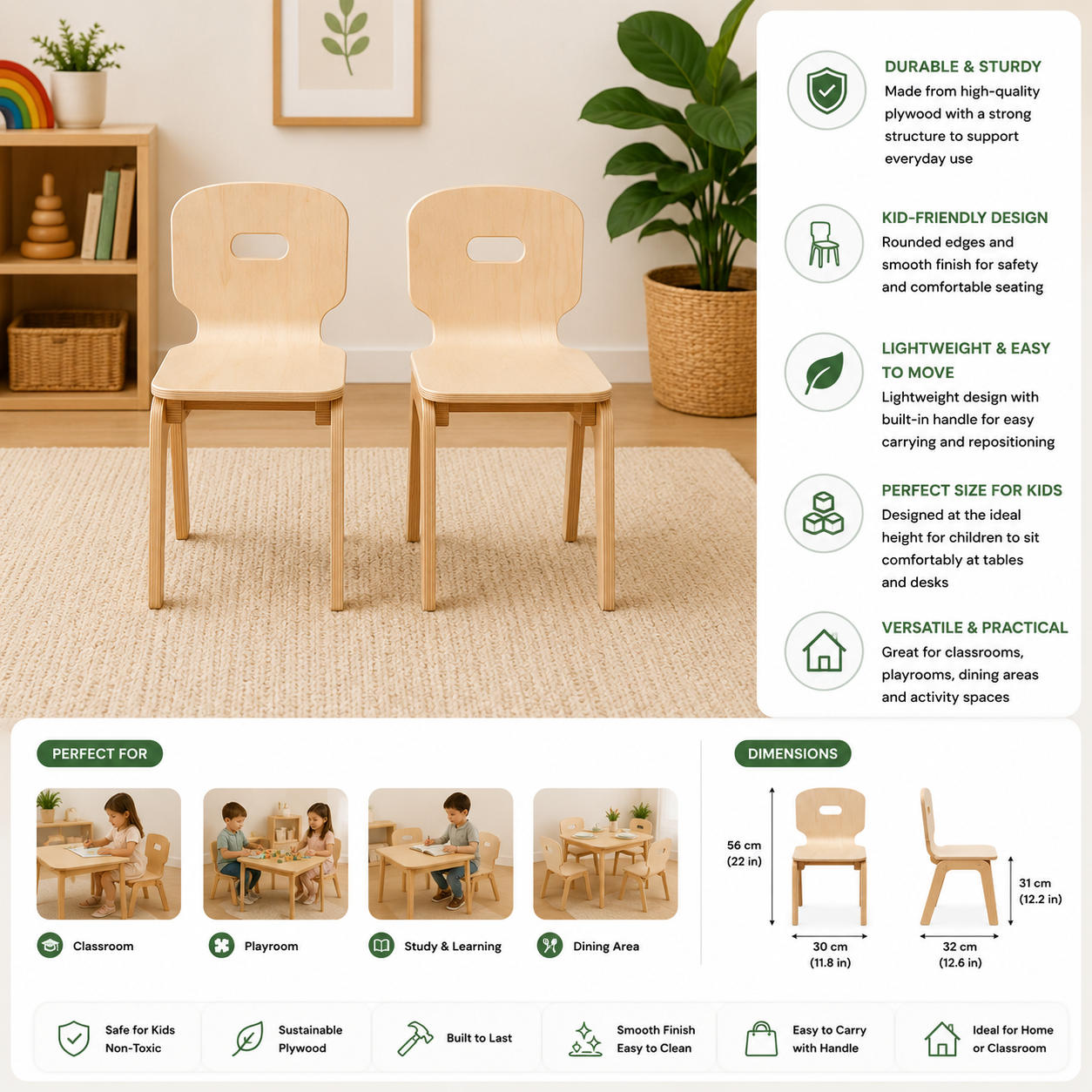 Amber Kids Wooden Chairs Set of 2 | Montessori Style Chairs