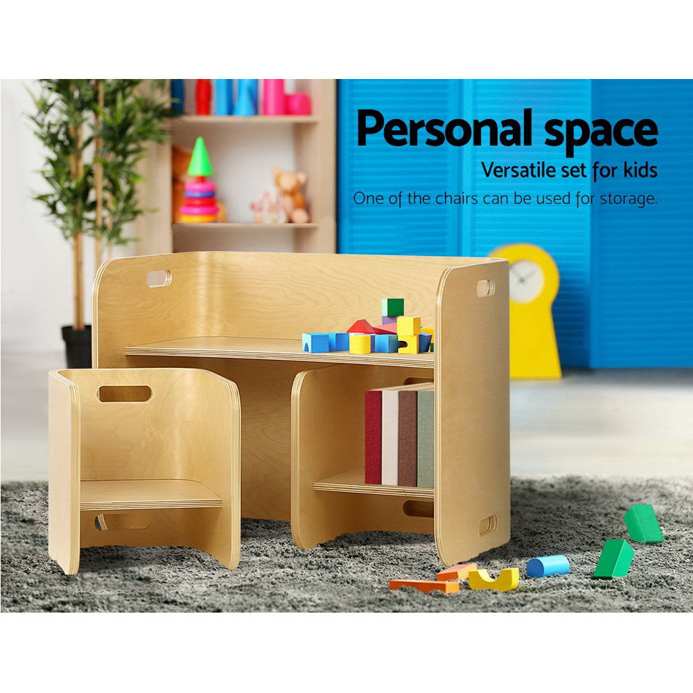 3PCS Kids Table and Chairs Set – Multifunctional Birch Plywood Storage Desk