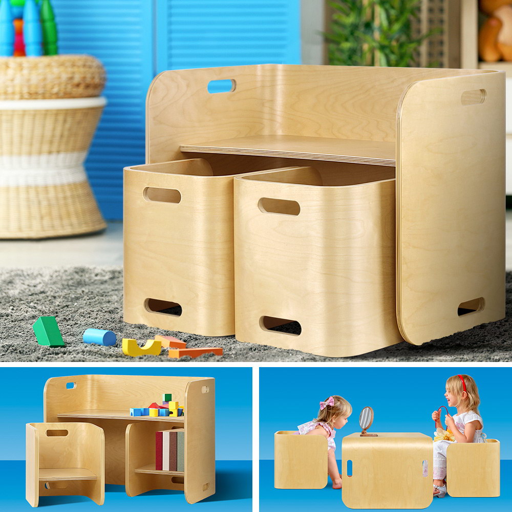 3PCS Kids Table and Chairs Set – Multifunctional Birch Plywood Storage Desk