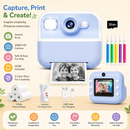 Kids Instant Print Camera 1080P HD Digital Camera with 2.4" Screen & 32GB SD Card