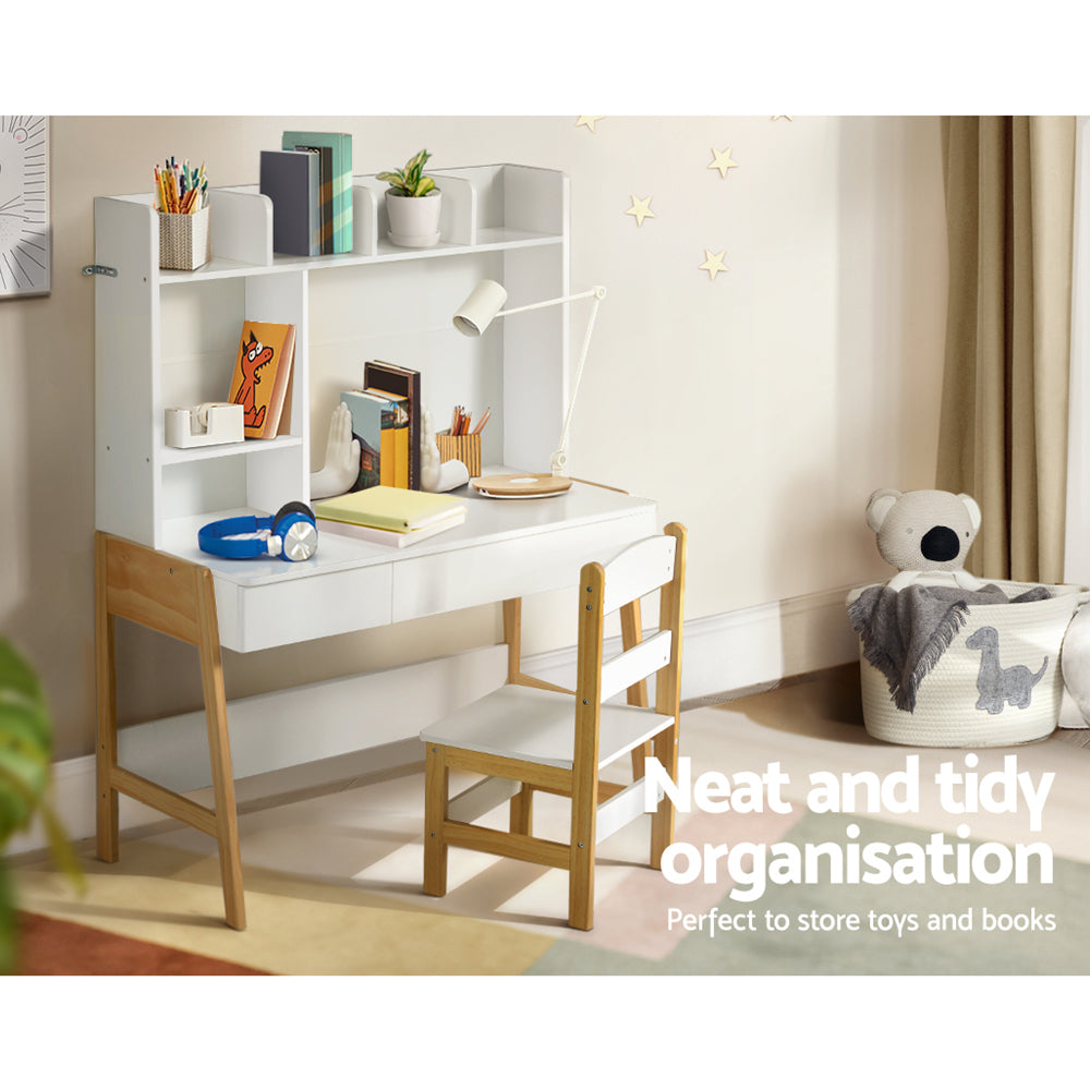 Kids Storage Desk & Chair Set – Wooden Study Table with Drawer & Shelves