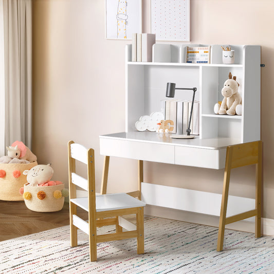 Kids Storage Desk & Chair Set – Wooden Study Table with Drawer & Shelves