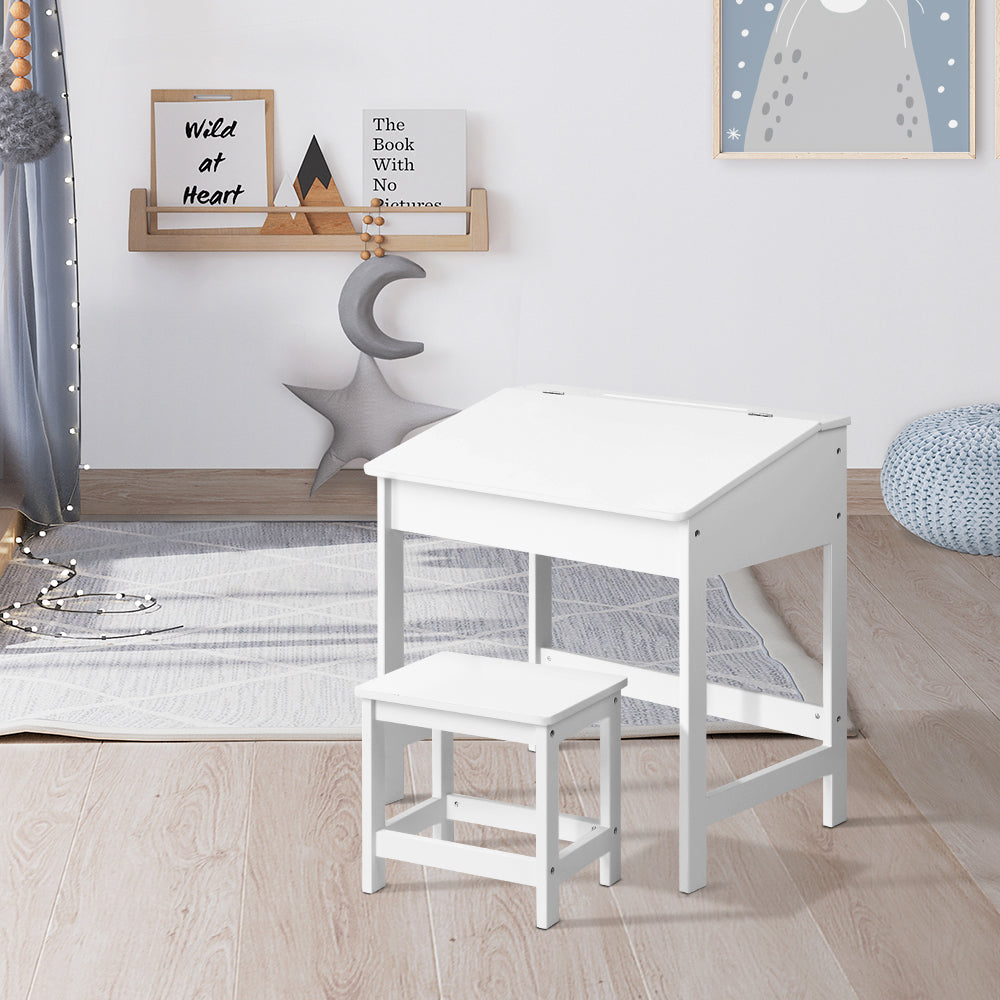 Kids Lift-Top Desk & Stool Set – Wooden Study Desk with Hidden Storage