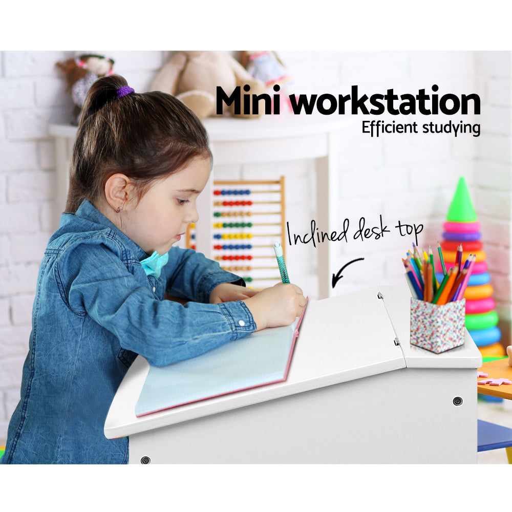 Kids Lift-Top Desk & Stool Set – Wooden Study Desk with Hidden Storage