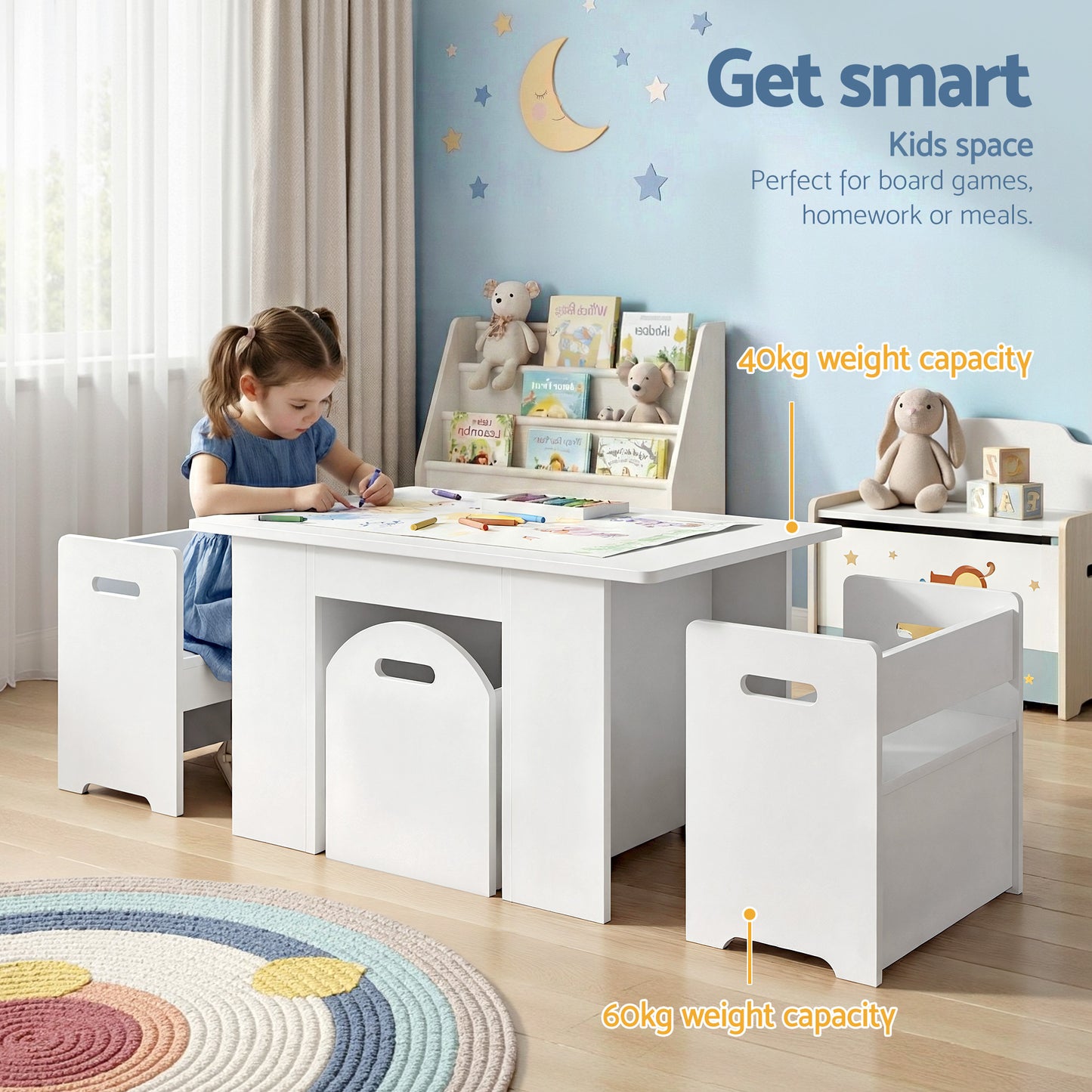 Kids Table & Chair Set with Storage Box – 3 Piece White Activity Desk Set