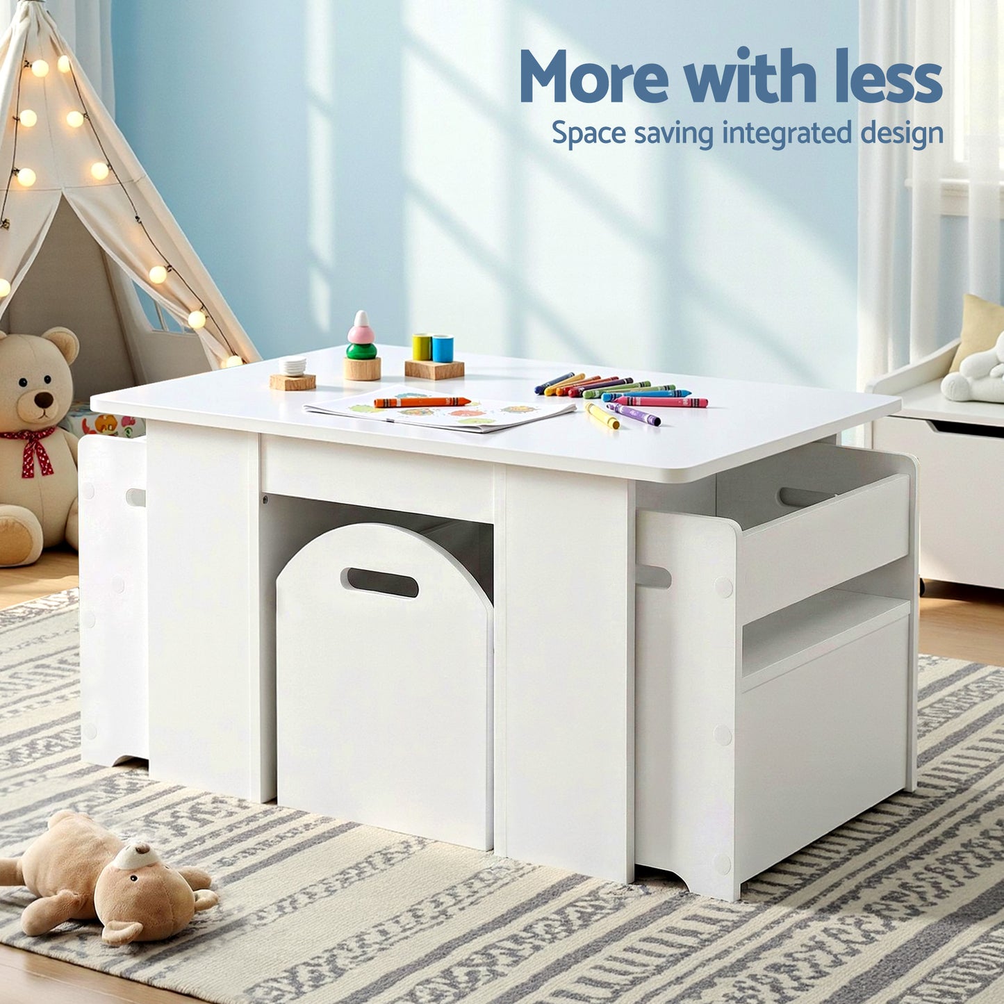 Kids Table & Chair Set with Storage Box – 3 Piece White Activity Desk Set