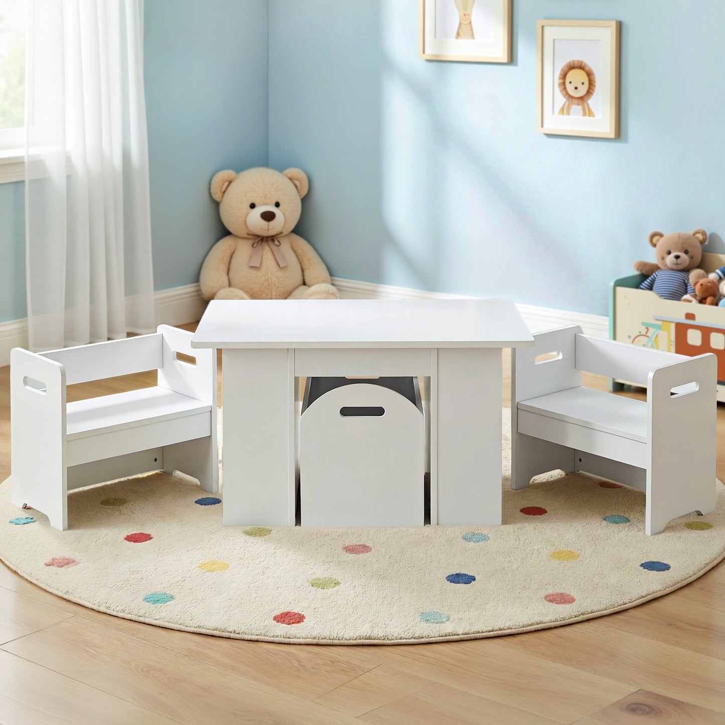 Kids Table & Chair Set with Storage Box – 3 Piece White Activity Desk Set