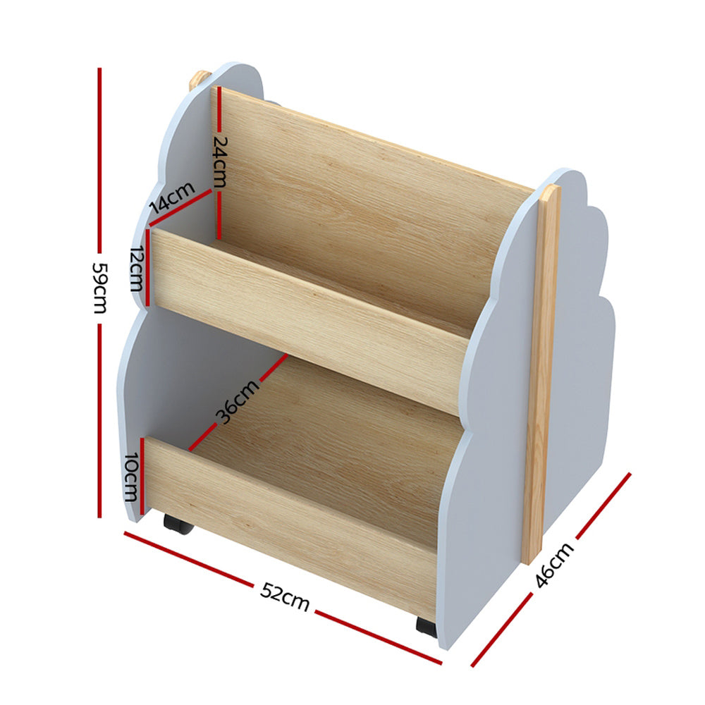Kids Bookshelf Storage Rack Double-Sided Bookcase with Wheels Grey Pine