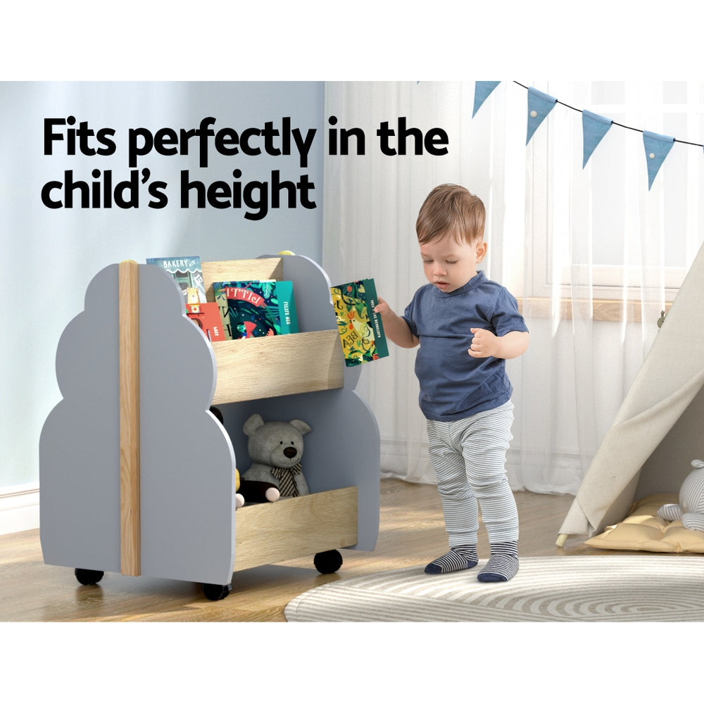 Kids Bookshelf Storage Rack Double-Sided Bookcase with Wheels Grey Pine