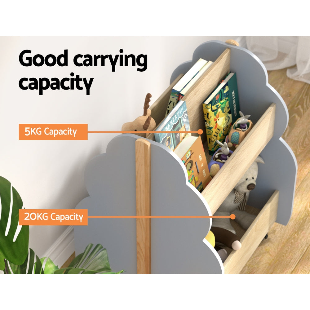 Kids Bookshelf Storage Rack Double-Sided Bookcase with Wheels Grey Pine