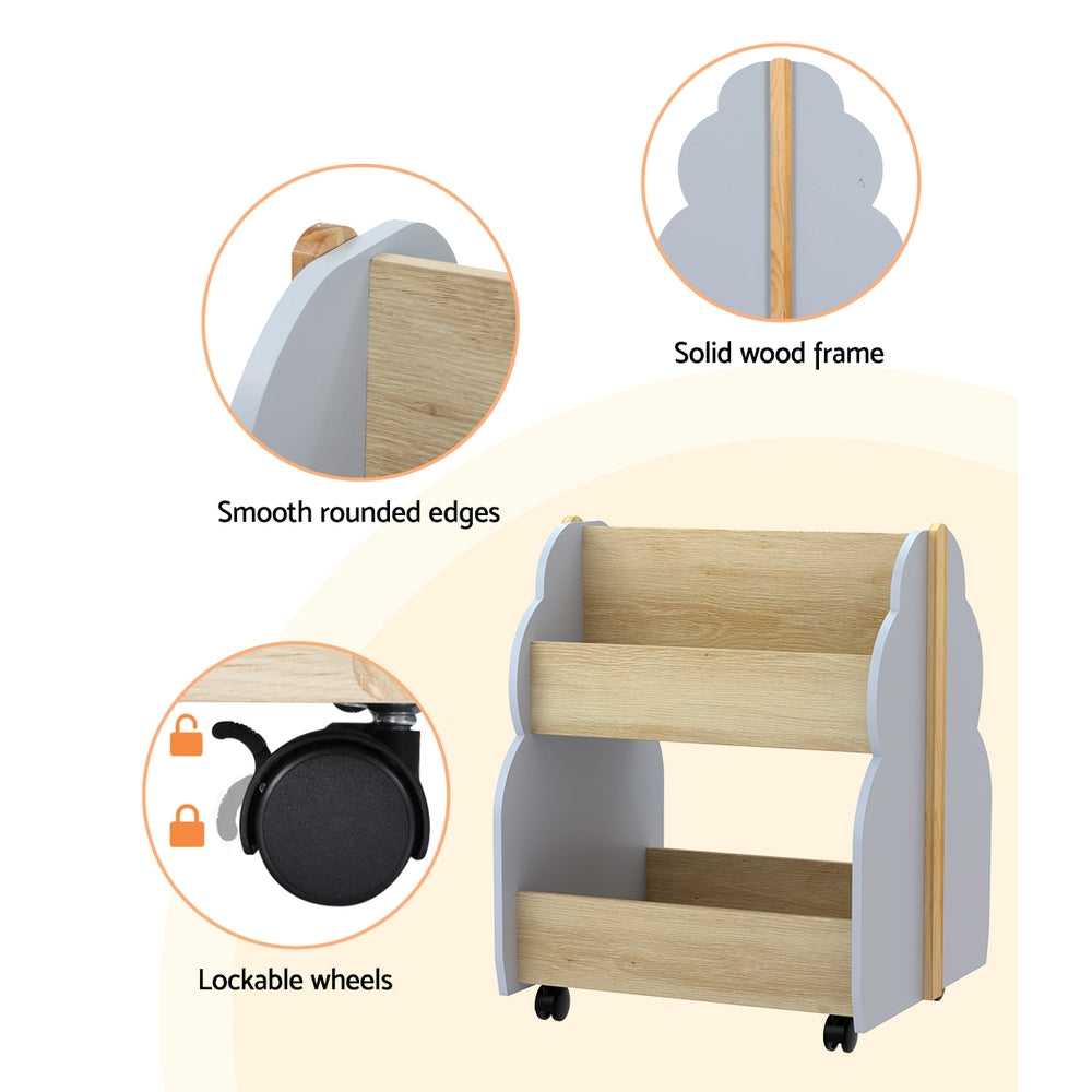 Kids Bookshelf Storage Rack Double-Sided Bookcase with Wheels Grey Pine