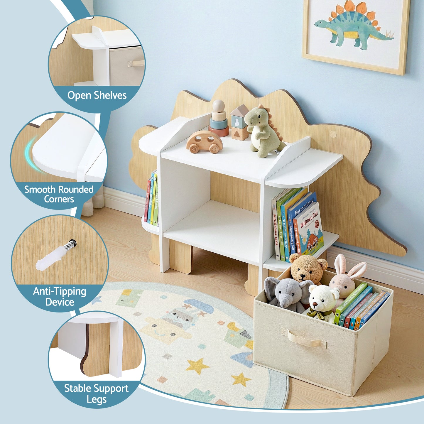 Dinosaur Kids Bookshelf 2 Tier Toy Storage Bookcase with Drawer