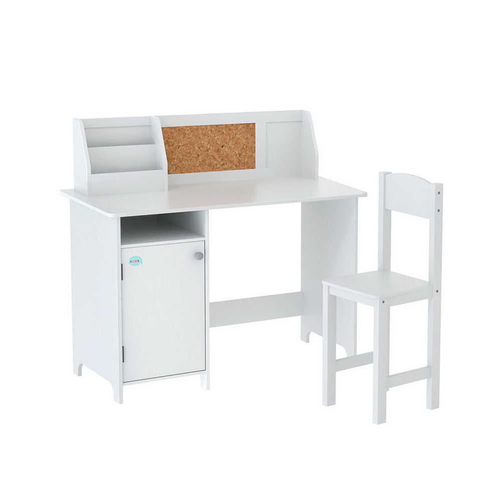 Kids Study Desk and Chair Set with Storage Cabinet Wooden Activity Table White