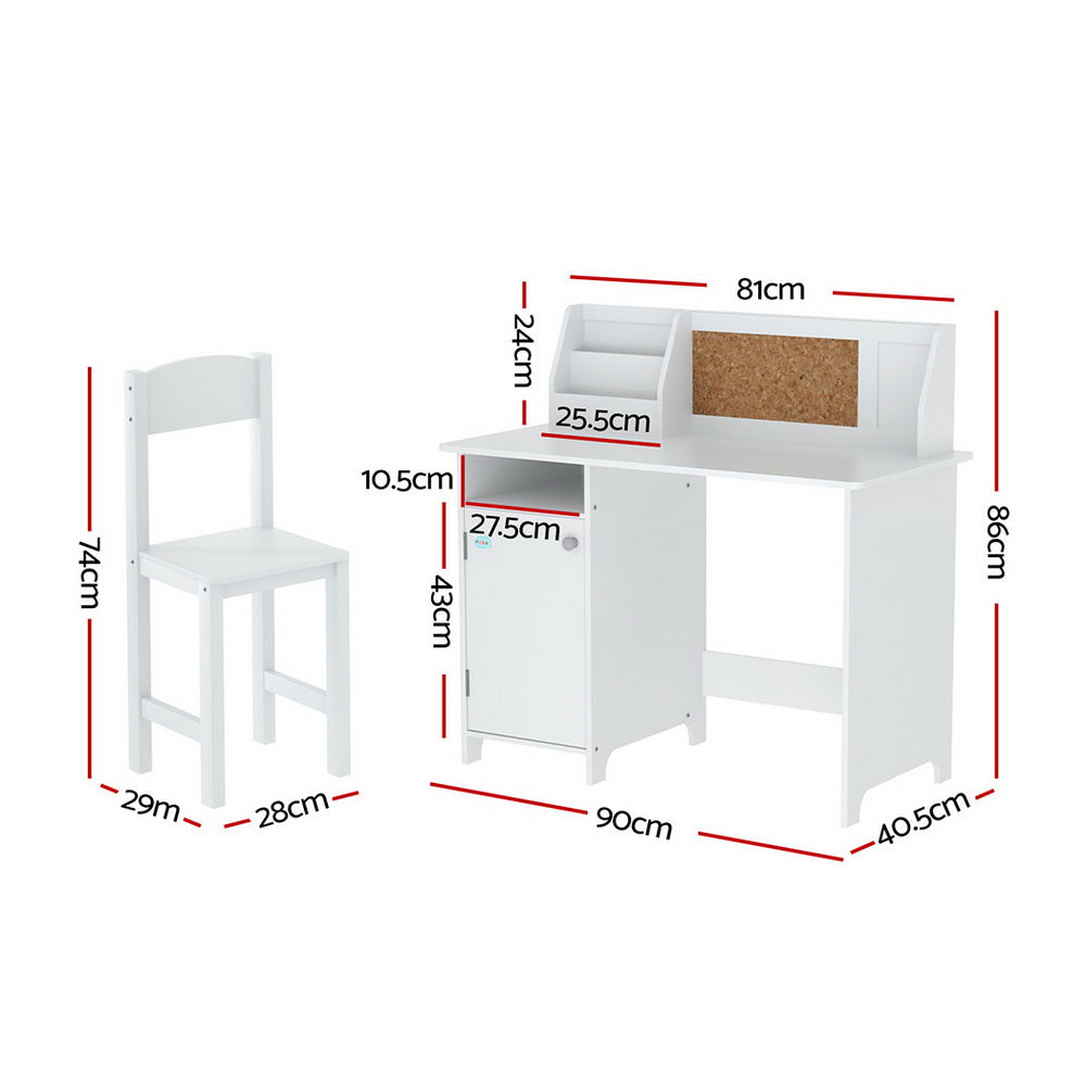 Kids Study Desk and Chair Set with Storage Cabinet Wooden Activity Table White