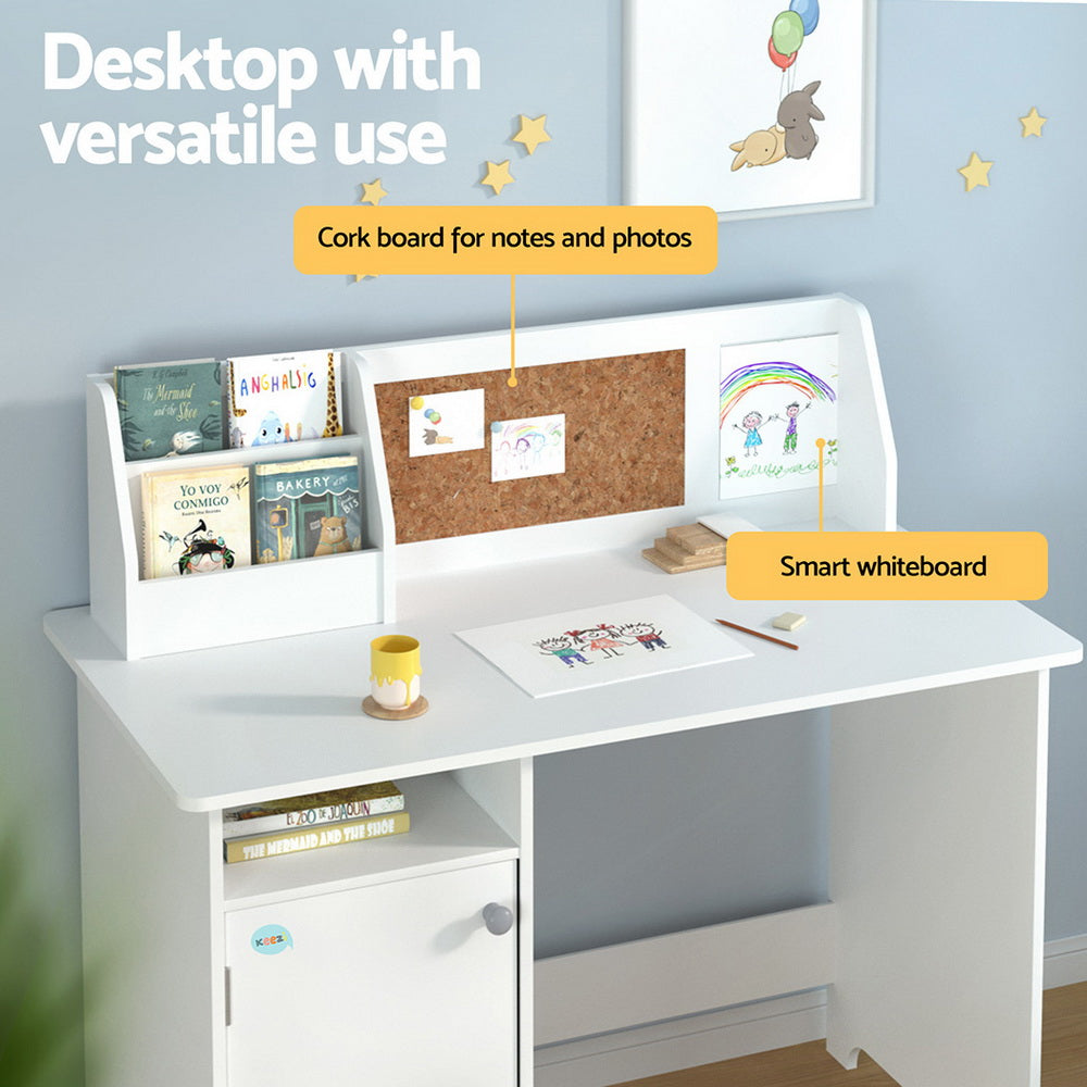Kids Study Desk and Chair Set with Storage Cabinet Wooden Activity Table White