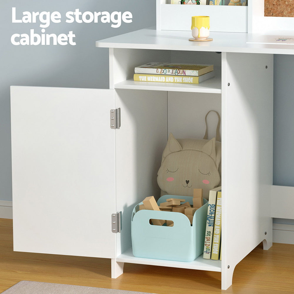 Kids Study Desk and Chair Set with Storage Cabinet Wooden Activity Table White