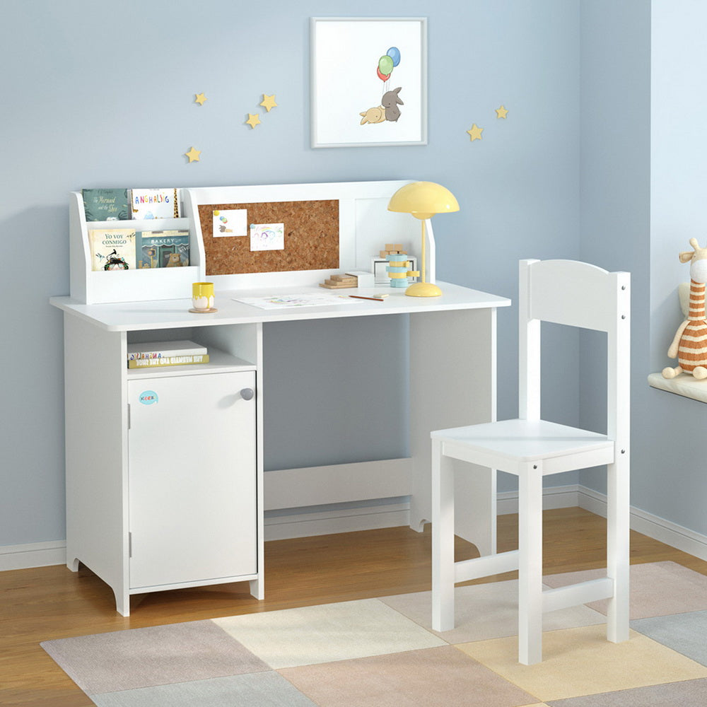 Kids Study Desk and Chair Set with Storage Cabinet Wooden Activity Table White
