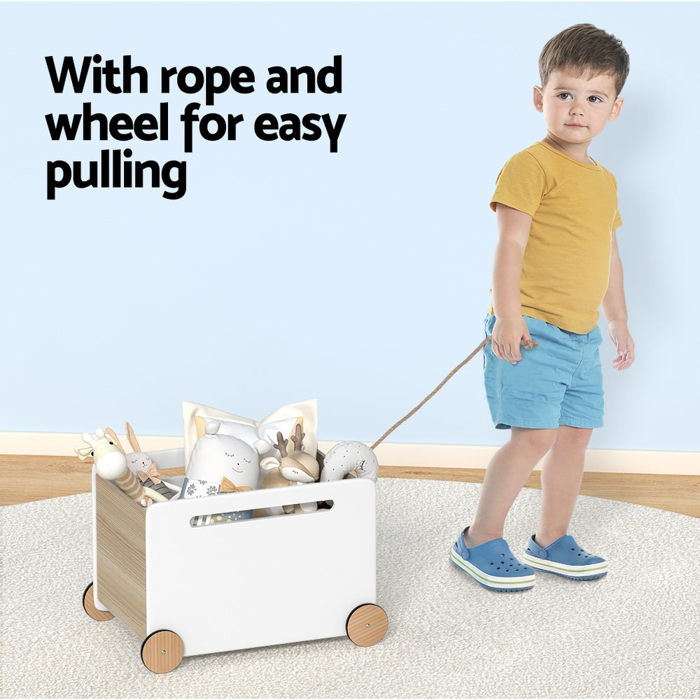 Rolling Wooden Toy Storage Box for Kids | Montessori Playroom Storage