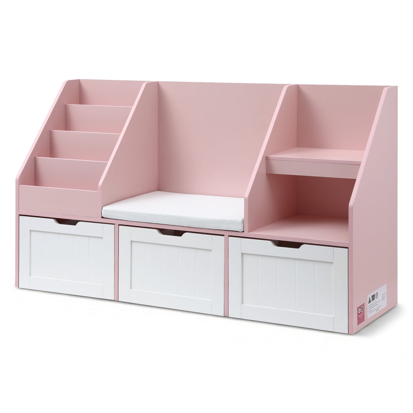 Kids Bookshelf Storage Bench Toy Organiser Reading Nook Pink