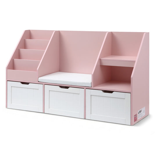 Kids Bookshelf Storage Bench Toy Organiser Reading Nook Pink