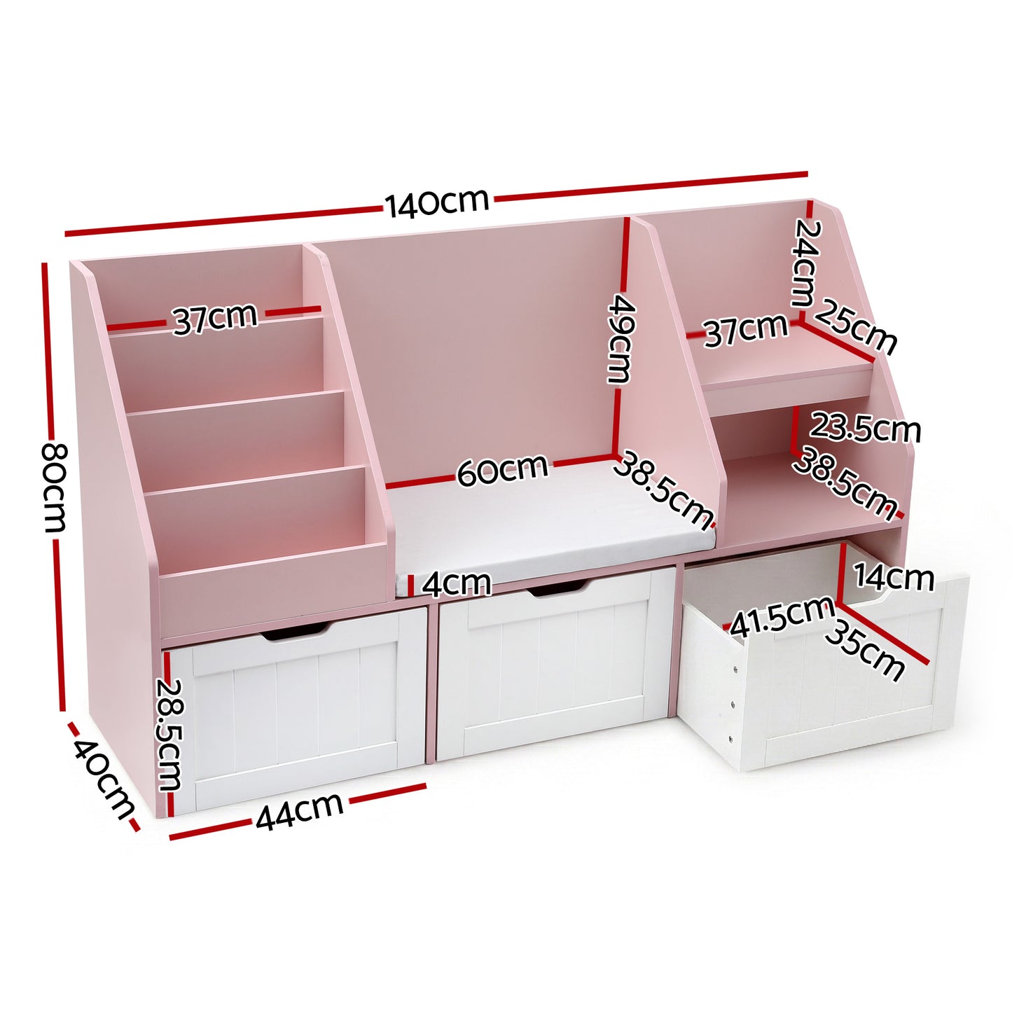 Kids Bookshelf Storage Bench Toy Organiser Reading Nook Pink