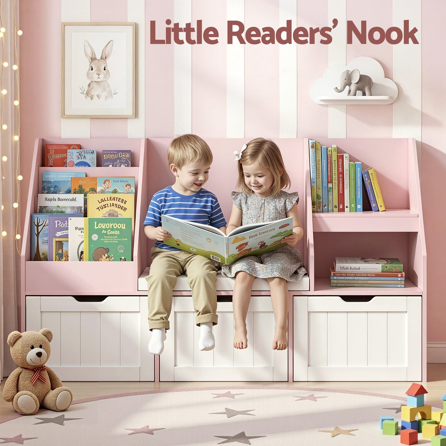 Kids Bookshelf Storage Bench Toy Organiser Reading Nook Pink