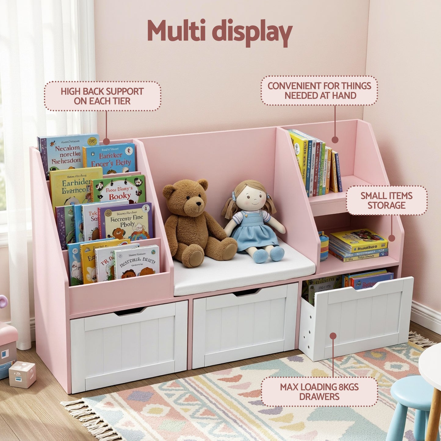 Kids Bookshelf Storage Bench Toy Organiser Reading Nook Pink