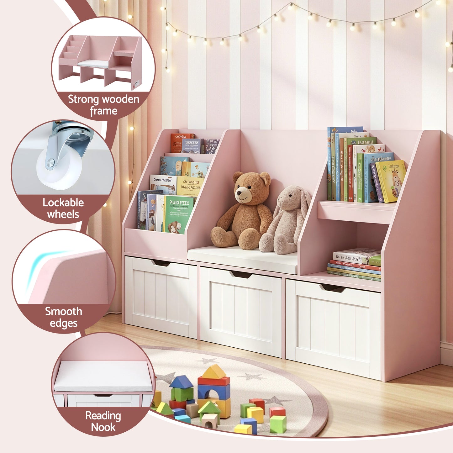 Kids Bookshelf Storage Bench Toy Organiser Reading Nook Pink