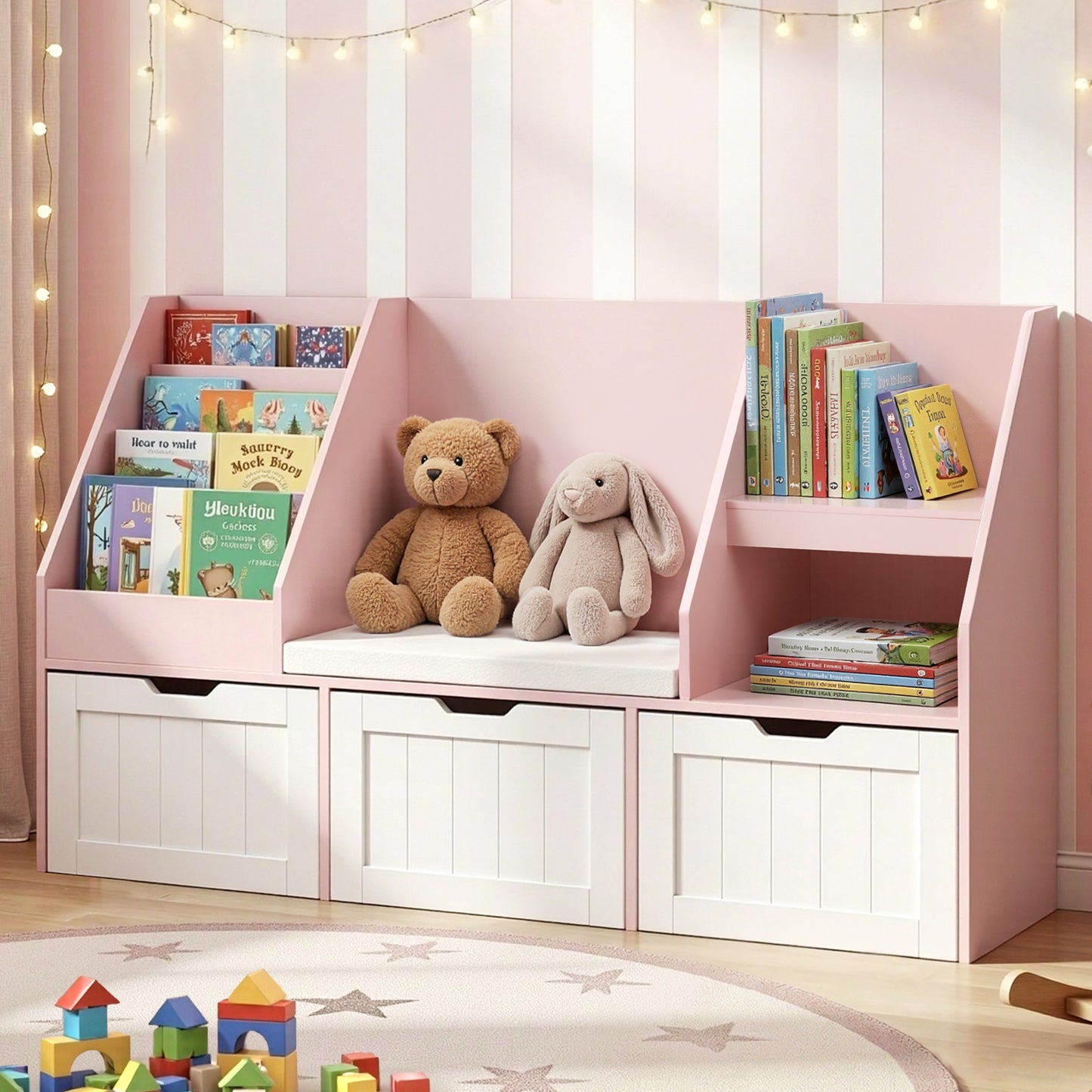Kids Bookshelf Storage Bench Toy Organiser Reading Nook Pink