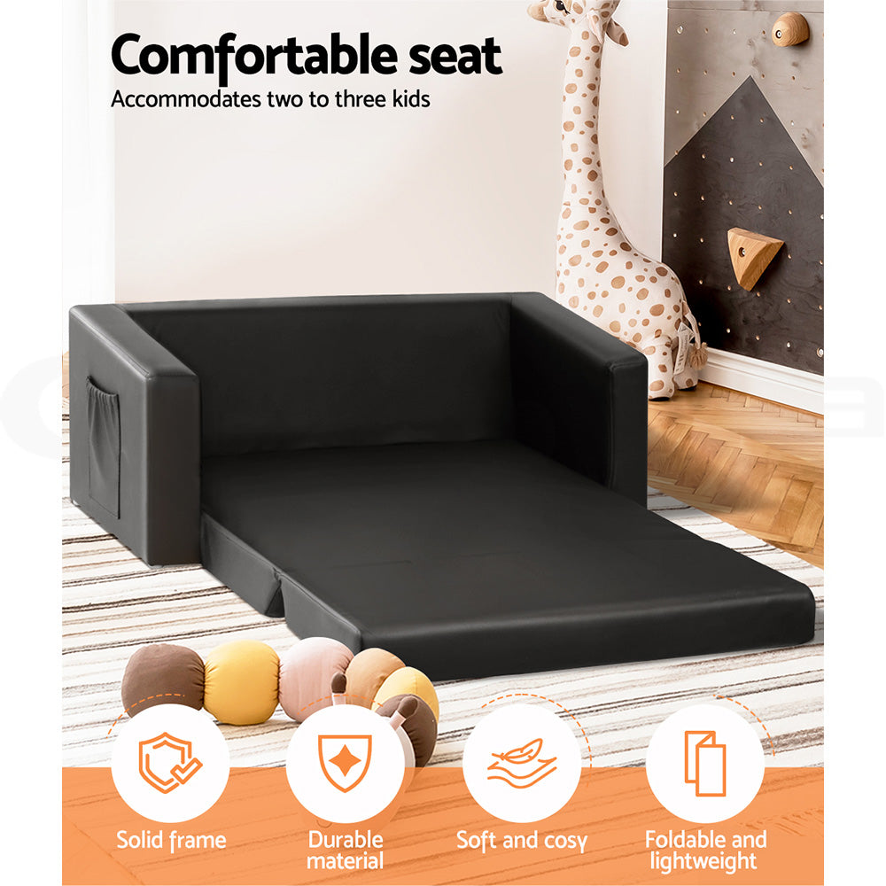 Kids Fold-Out Sofa Bed Convertible Lounge Couch Black PU Leather