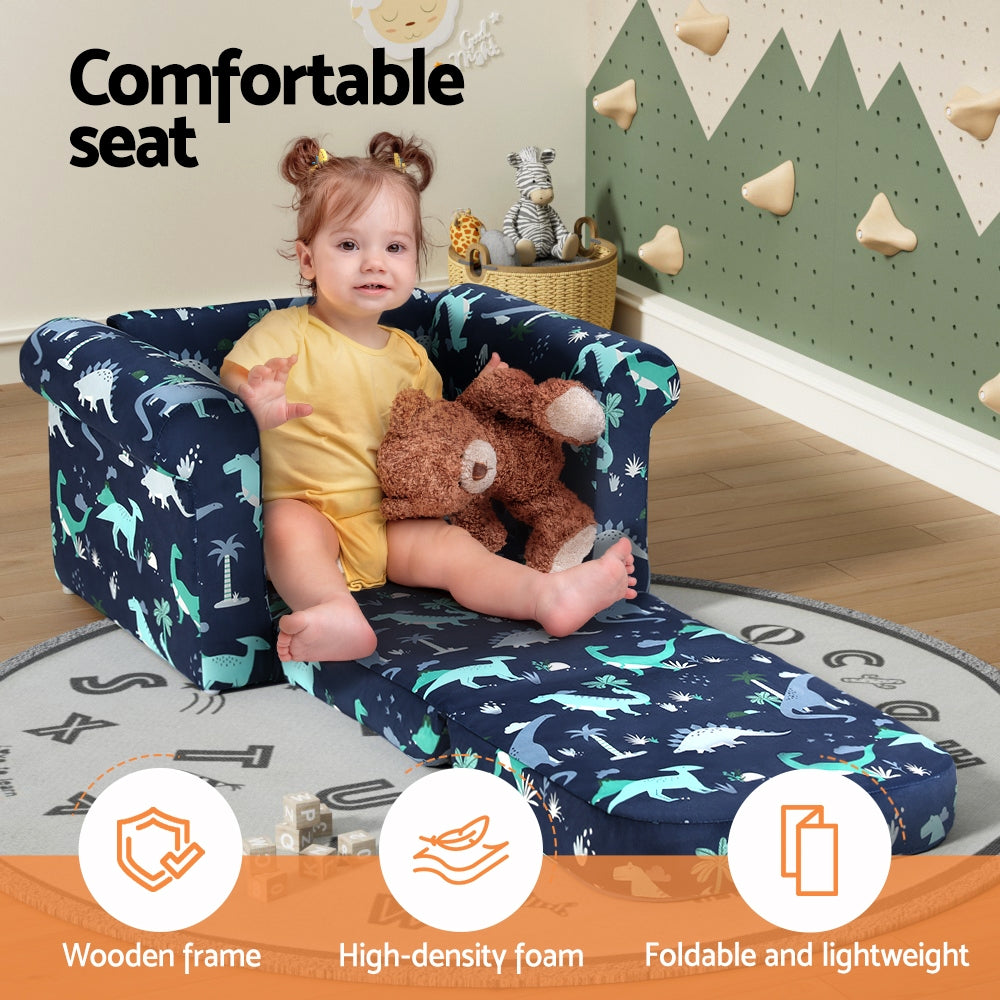 Kids Flip Out Sofa Bed 2-in-1 Children’s Couch Chair Dinosaur Navy