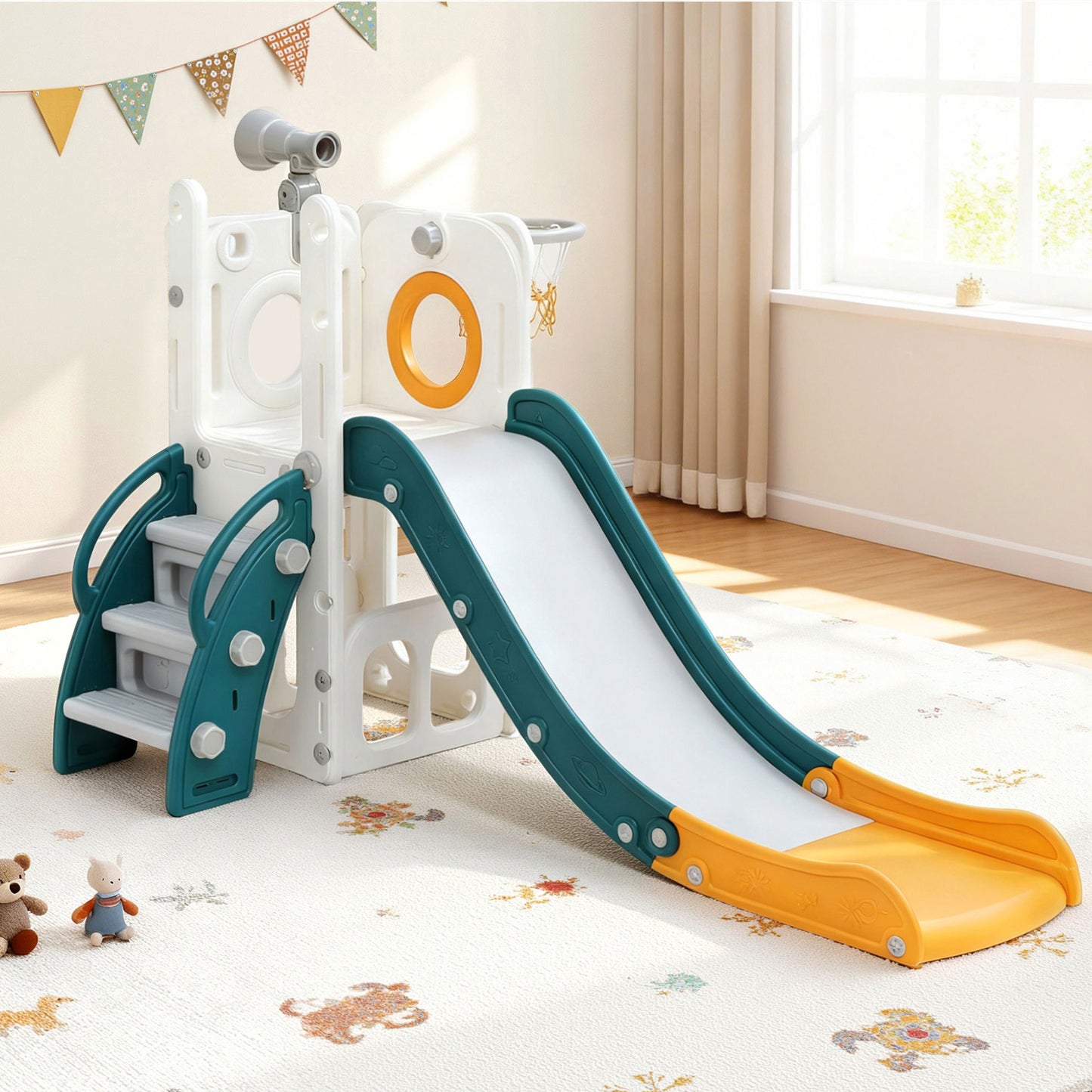 Kids Slide Set with Basketball Hoop Climber Telescope Storage Play Centre