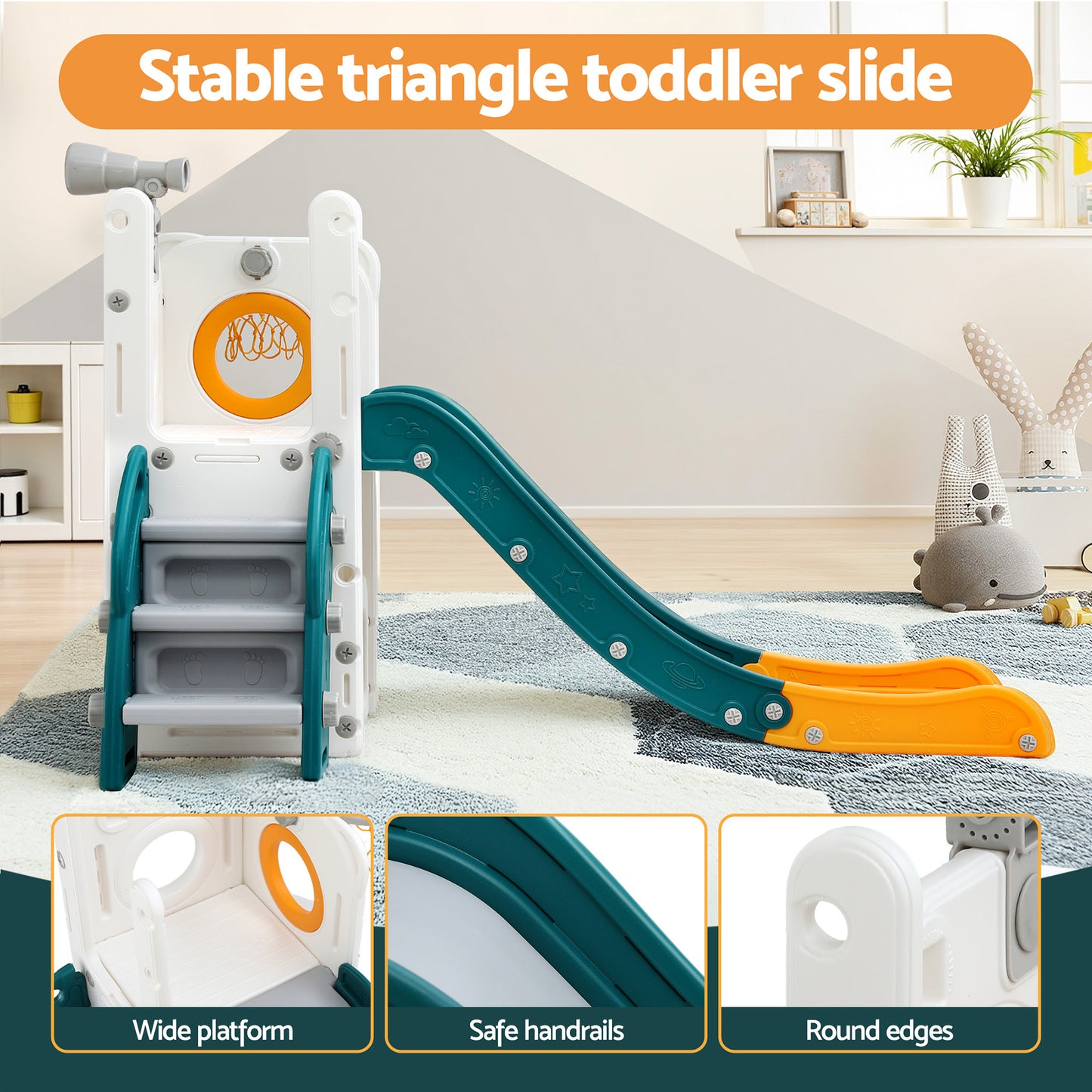 Kids Slide Set with Basketball Hoop Climber Telescope Storage Play Centre