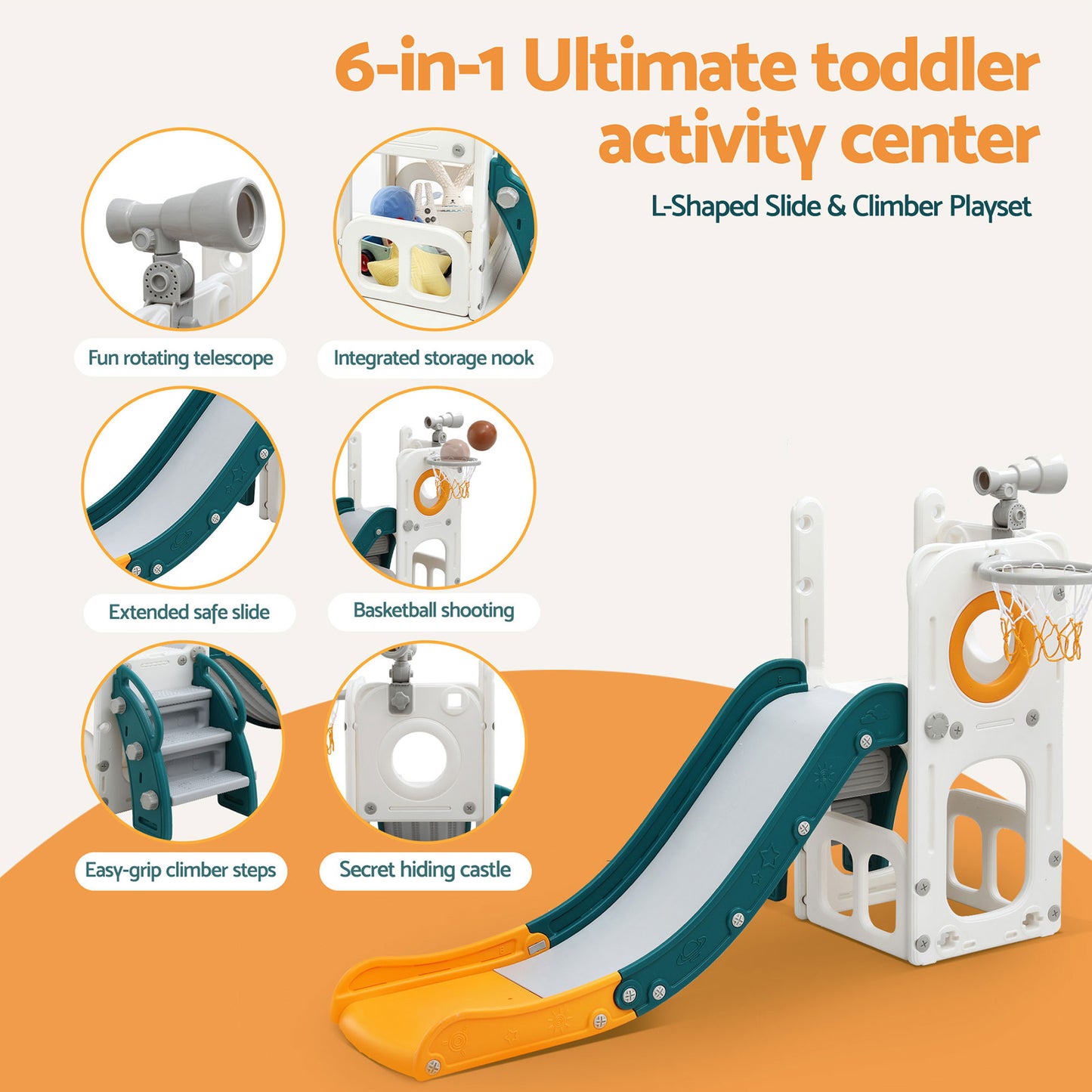 Kids Slide Set with Basketball Hoop Climber Telescope Storage Play Centre