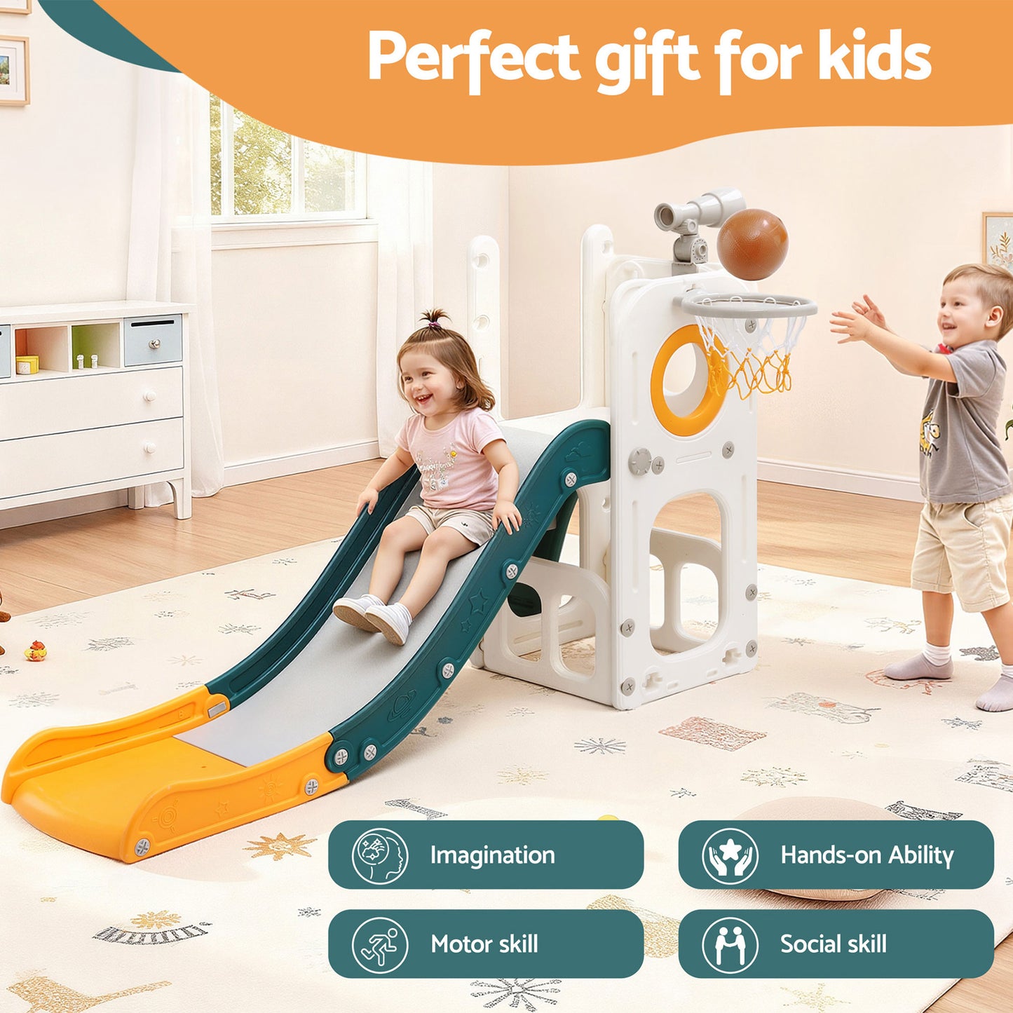 Kids Slide Set with Basketball Hoop Climber Telescope Storage Play Centre