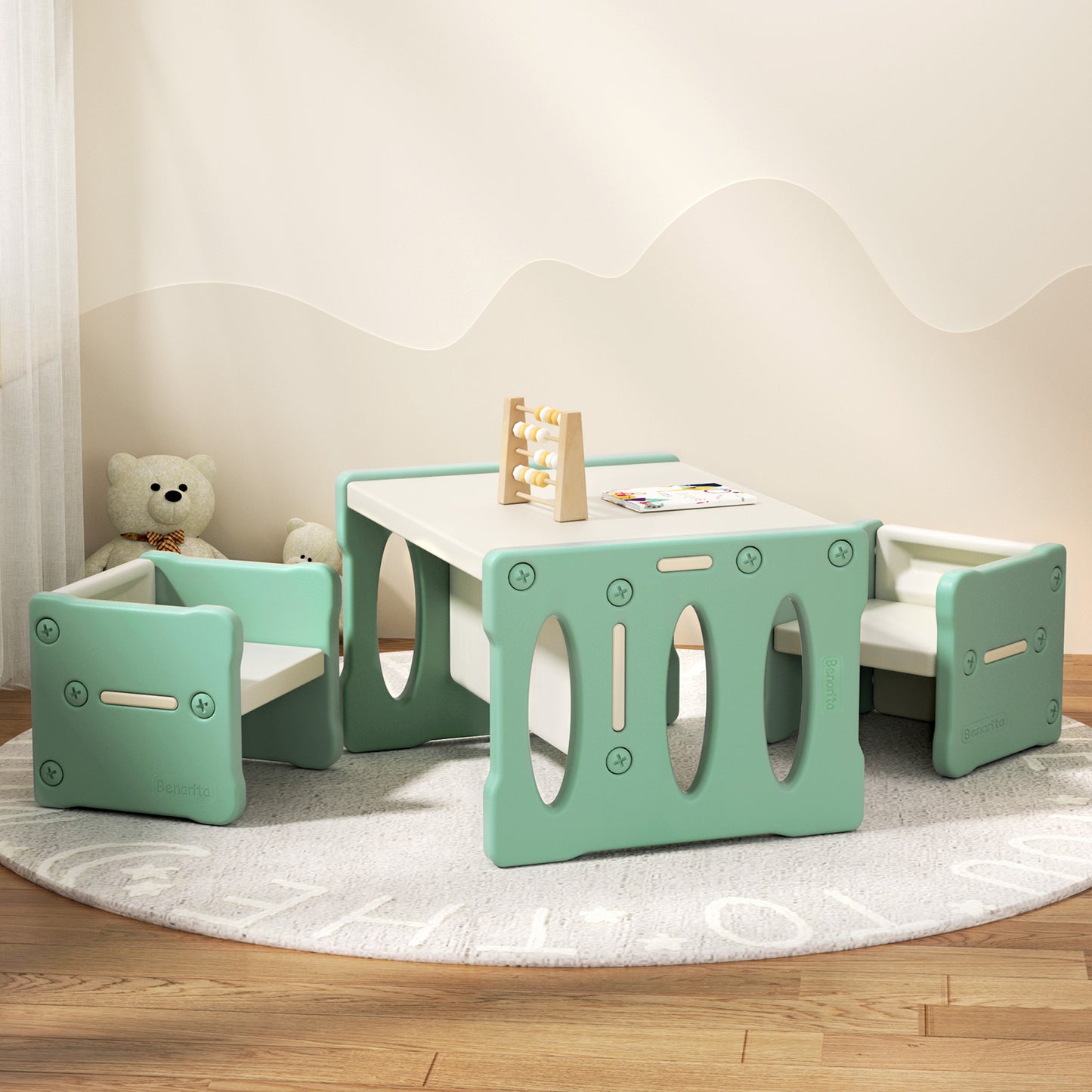 3PCS Kids Table and Chairs Set HDPE Multi-Functional Activity Desk Green